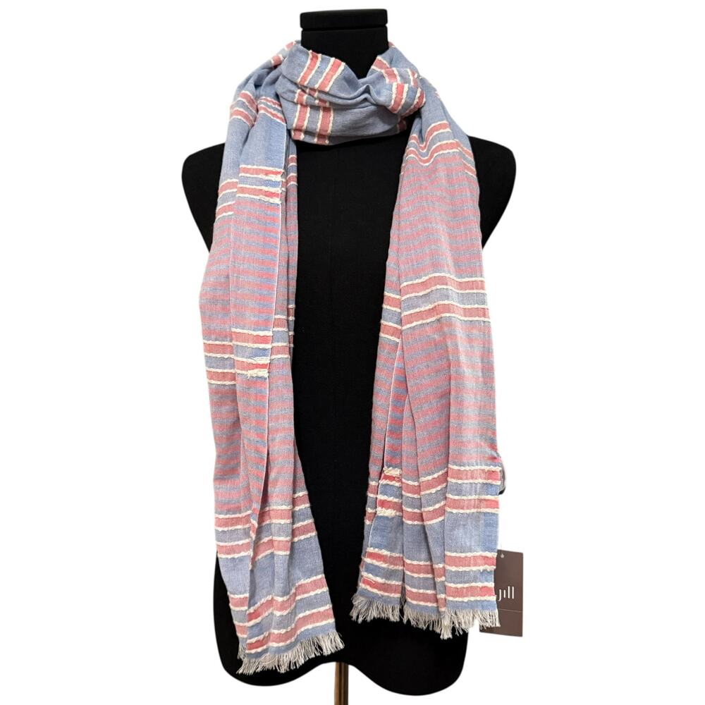 NEW J. Jill Scarf Fringe Detail Lightweight Cotton Blend Red Blue Stripes OS